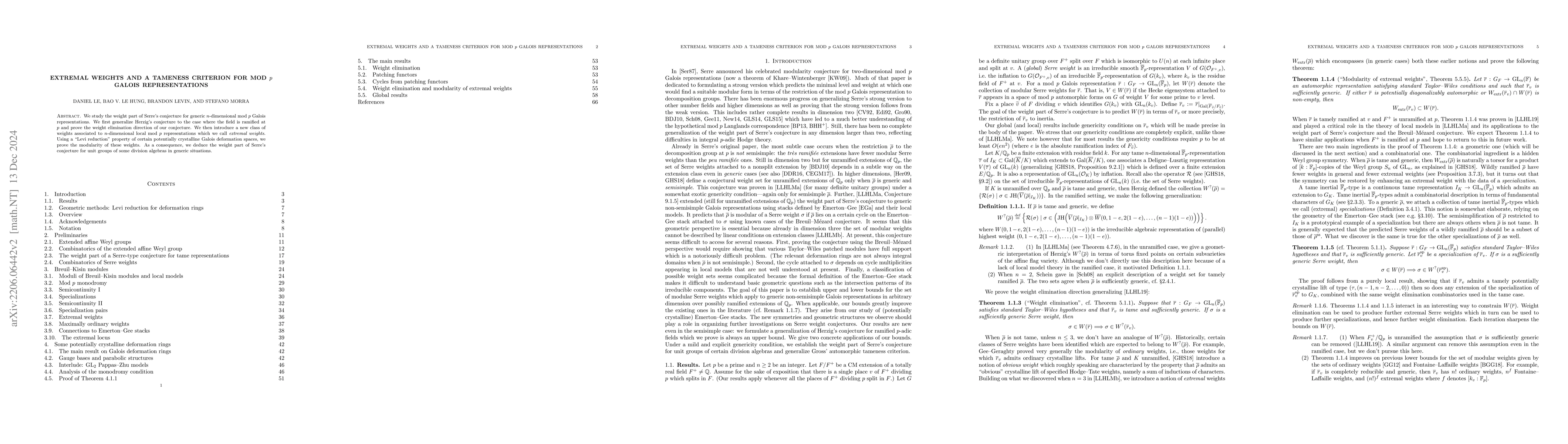 Thumbnail for Extremal weights and a tameness criterion for mod $p$ Galois
  representations