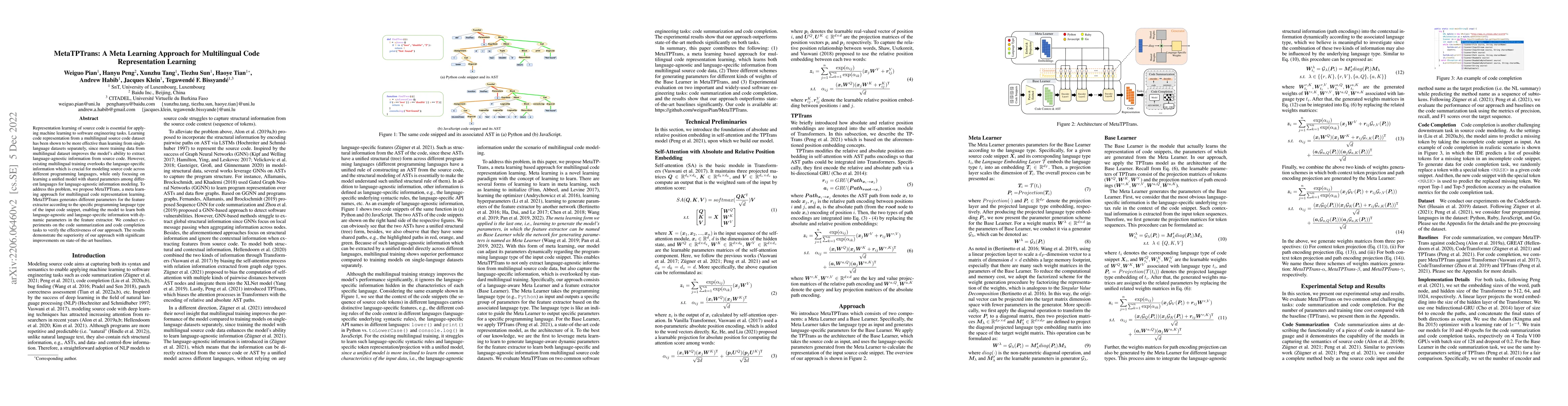Thumbnail for MetaTPTrans: A Meta Learning Approach for Multilingual Code
  Representation Learning