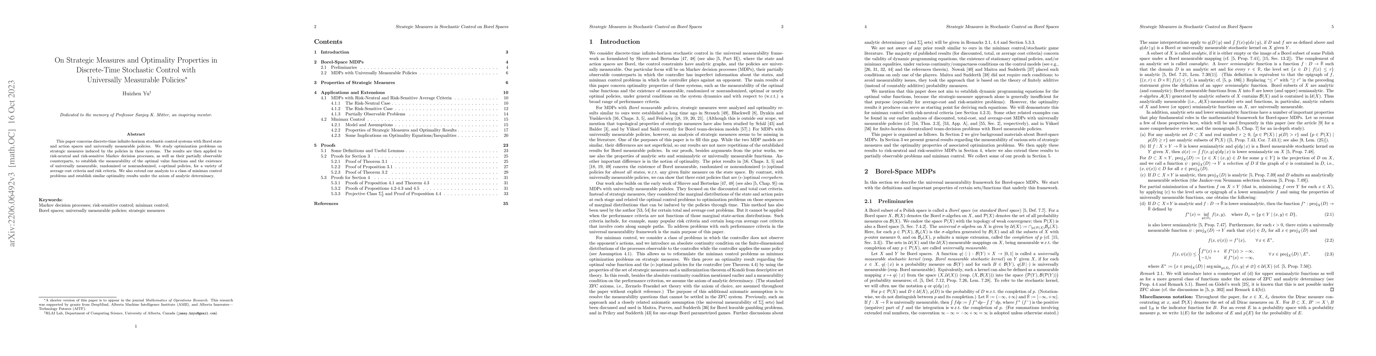 Thumbnail for On Strategic Measures and Optimality Properties in Discrete-Time
  Stochastic Control with Universally Measurable Policies
