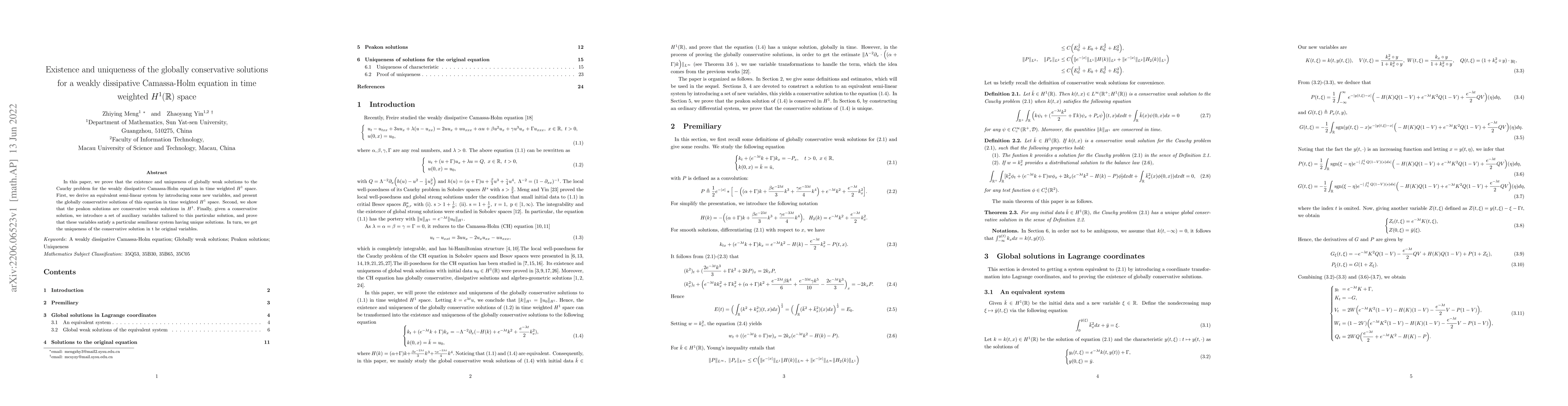 Thumbnail for Existence and uniqueness of the globally conservative solutions for a
  weakly dissipative Camassa-Holm equation in time weighted $H^1(\mathbb{R})$
  space