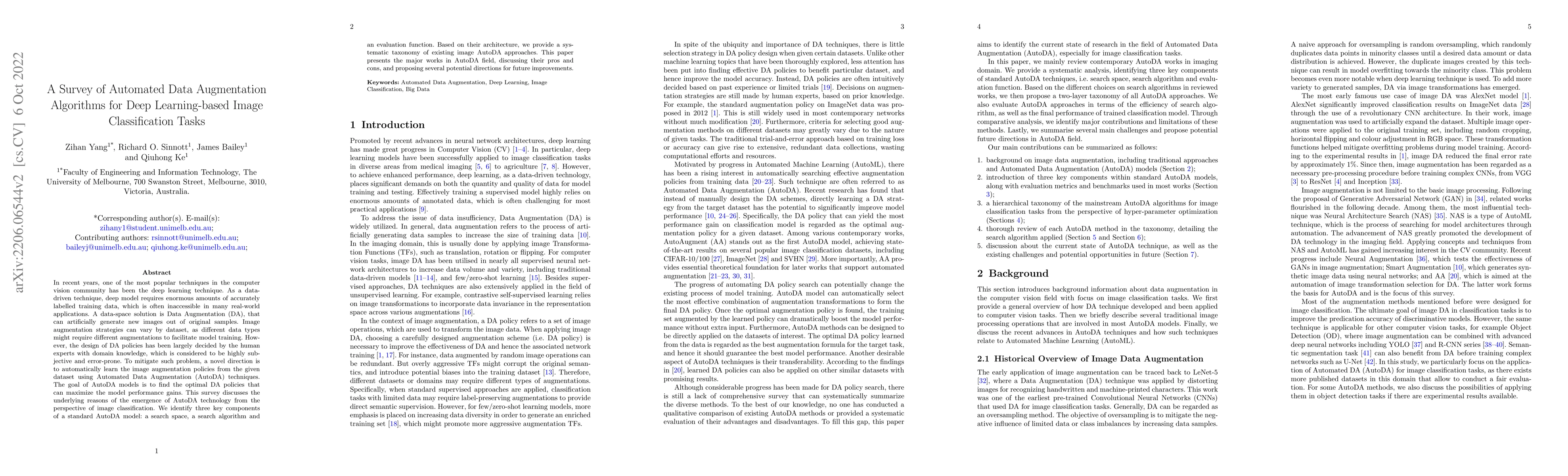 Thumbnail for A Survey of Automated Data Augmentation Algorithms for Deep
  Learning-based Image Classification Tasks