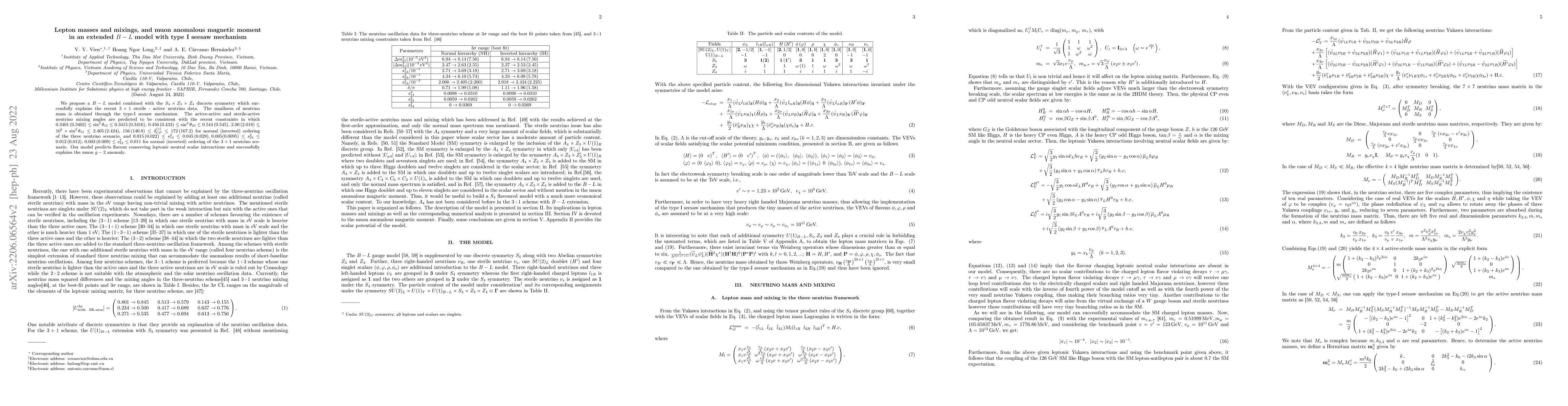 Thumbnail for Lepton masses and mixings, and muon anomalous magnetic moment in an
  extended $B-L$ model with type I seesaw mechanism