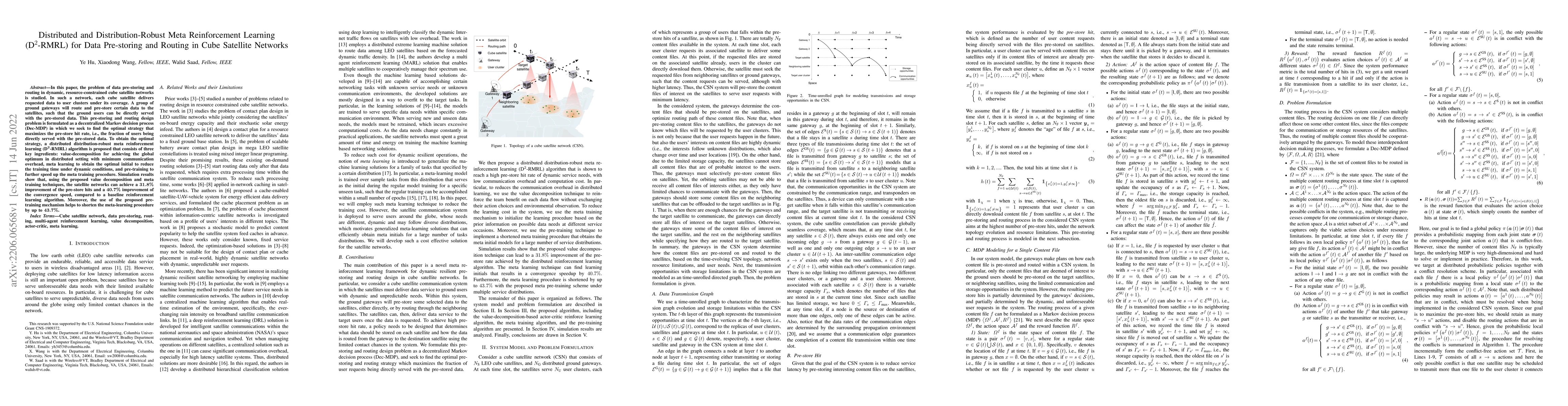 Thumbnail for Distributed and Distribution-Robust Meta Reinforcement Learning
  (D2-RMRL) for Data Pre-storing and Routing in Cube Satellite Networks