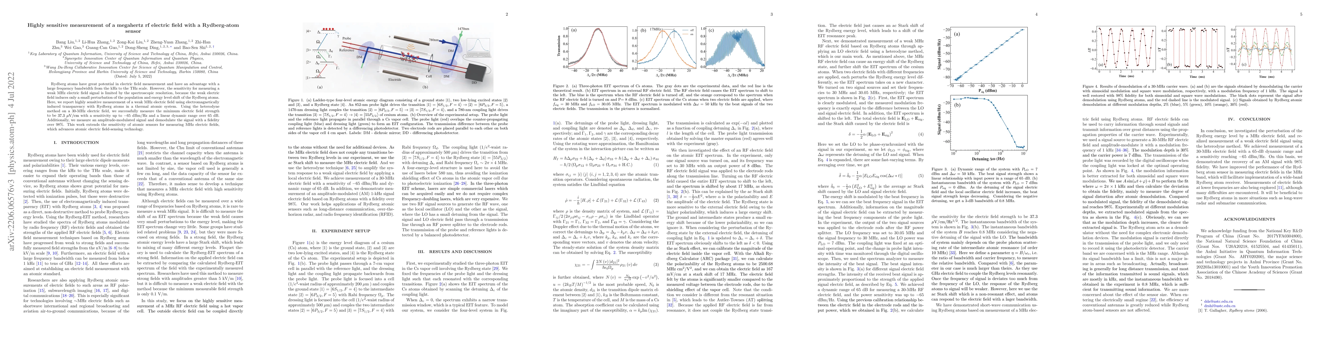 Thumbnail for Highly sensitive measurement of a megahertz rf electric field with a
  Rydberg-atom sensor