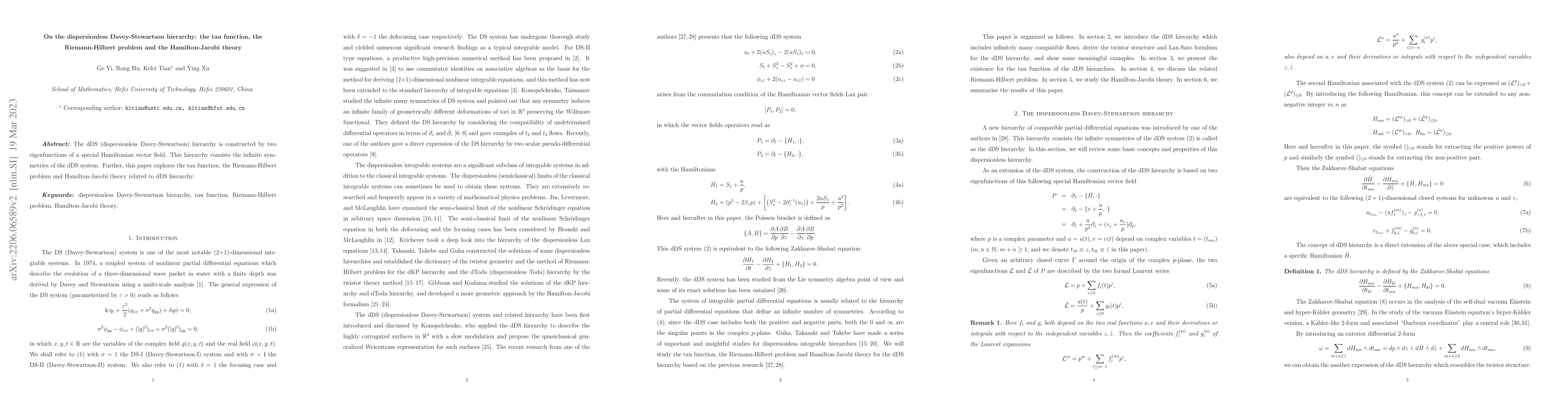 Thumbnail for On the dispersionless Davey-Stewartson hierarchy: the tau function, the
  Riemann-Hilbert problem and the Hamilton-Jacobi theory