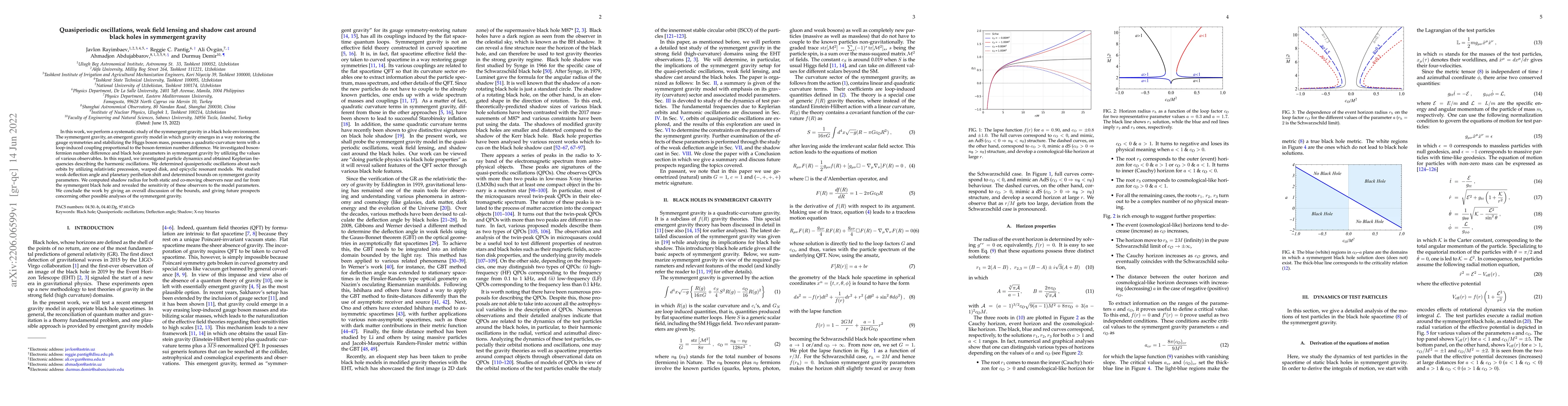 Thumbnail for Quasiperiodic oscillations, weak field lensing and shadow cast around
  black holes in Symmergent gravity