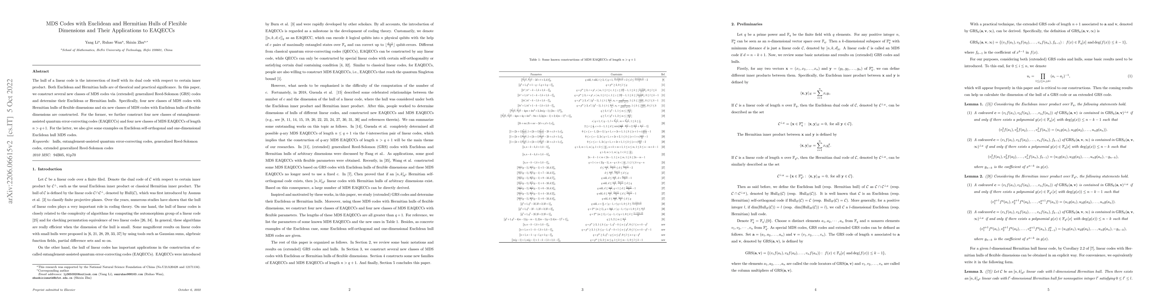 Thumbnail for MDS Codes with Euclidean and Hermitian Hulls of Flexible Dimensions and
  Their Applications to EAQECCs