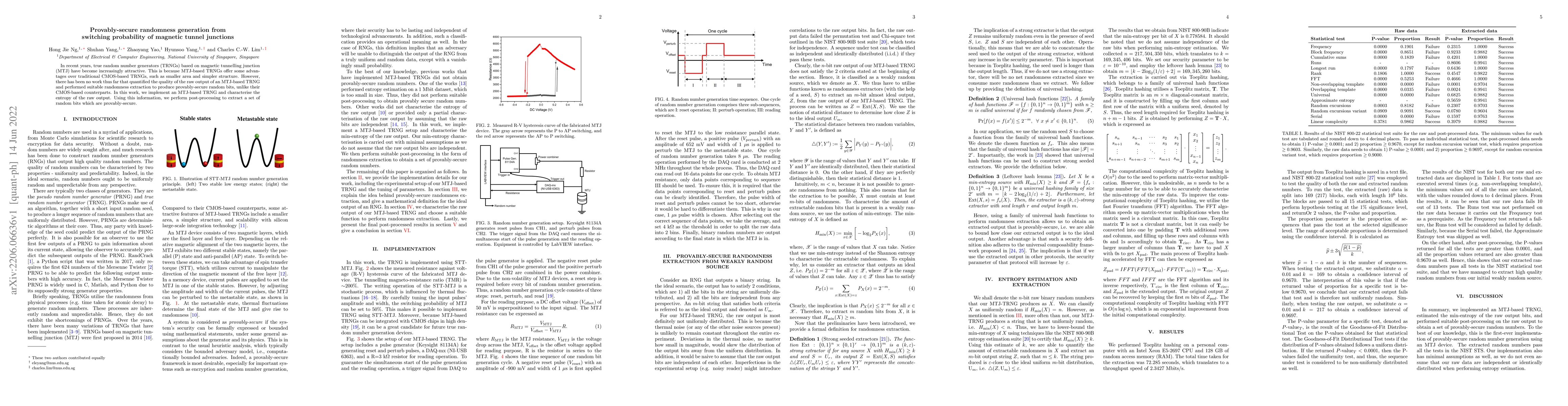 Thumbnail for Provably-secure randomness generation from switching probability of
  magnetic tunnel junctions