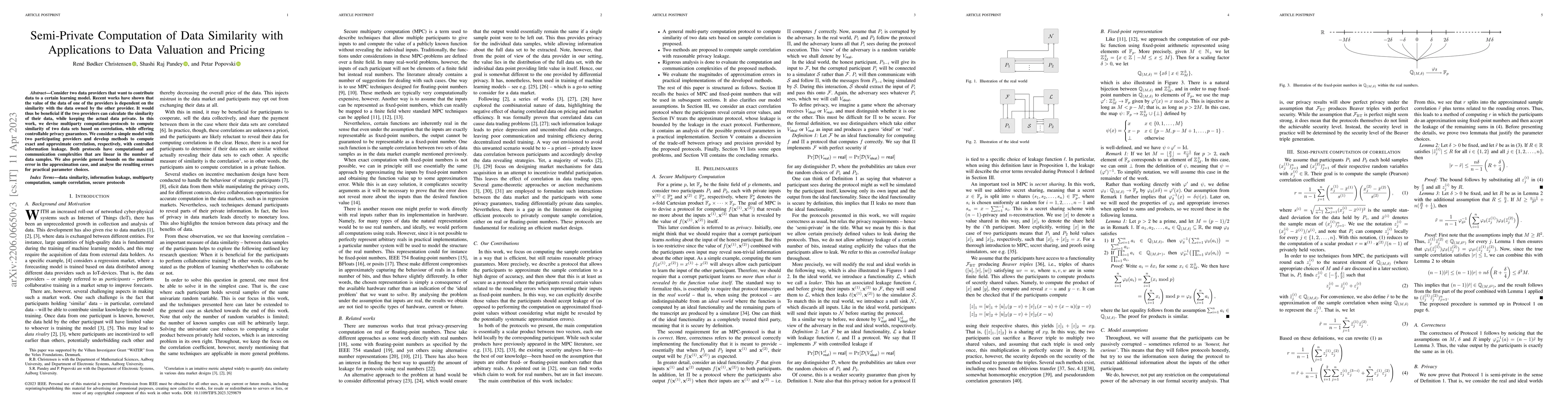 Thumbnail for Semi-Private Computation of Data Similarity with Applications to Data
  Valuation and Pricing