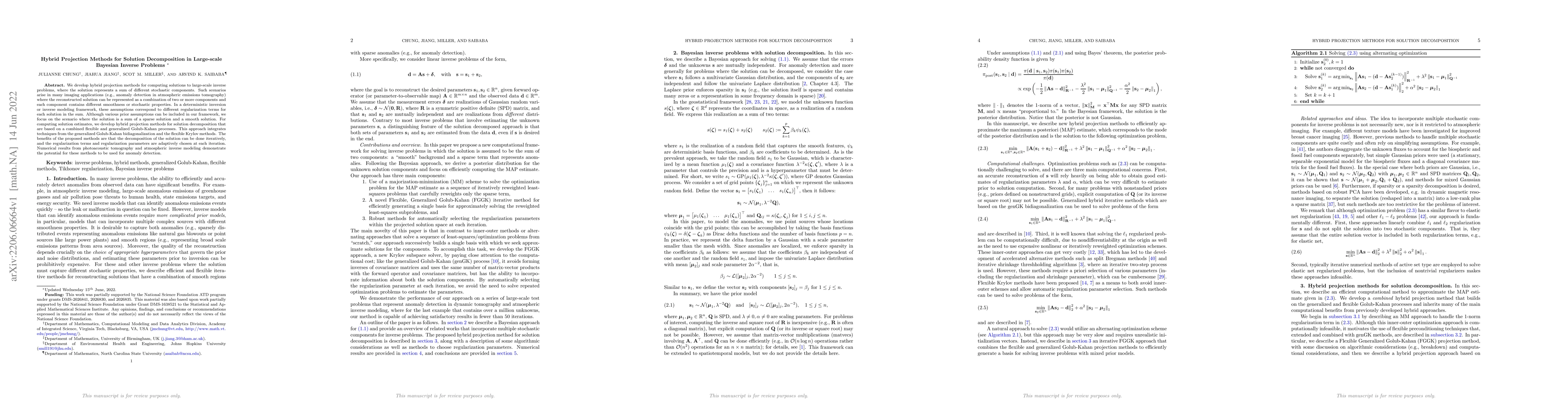 Thumbnail for Hybrid Projection Methods for Solution Decomposition in Large-scale
  Bayesian Inverse Problems