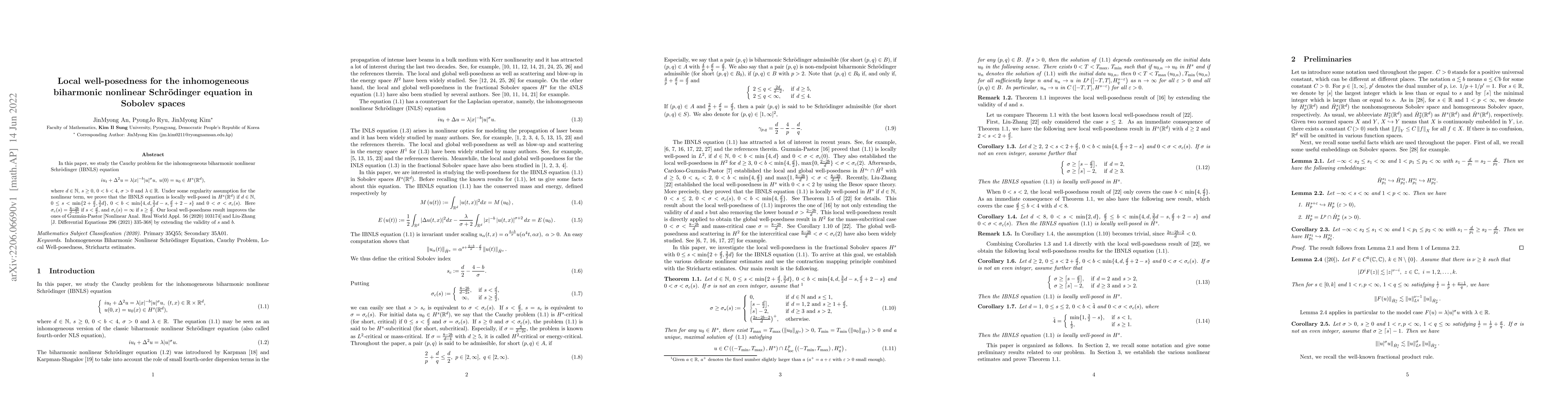 Thumbnail for Local well-posedness for the inhomogeneous biharmonic nonlinear
  Schr\"{o}dinger equation in Sobolev spaces
