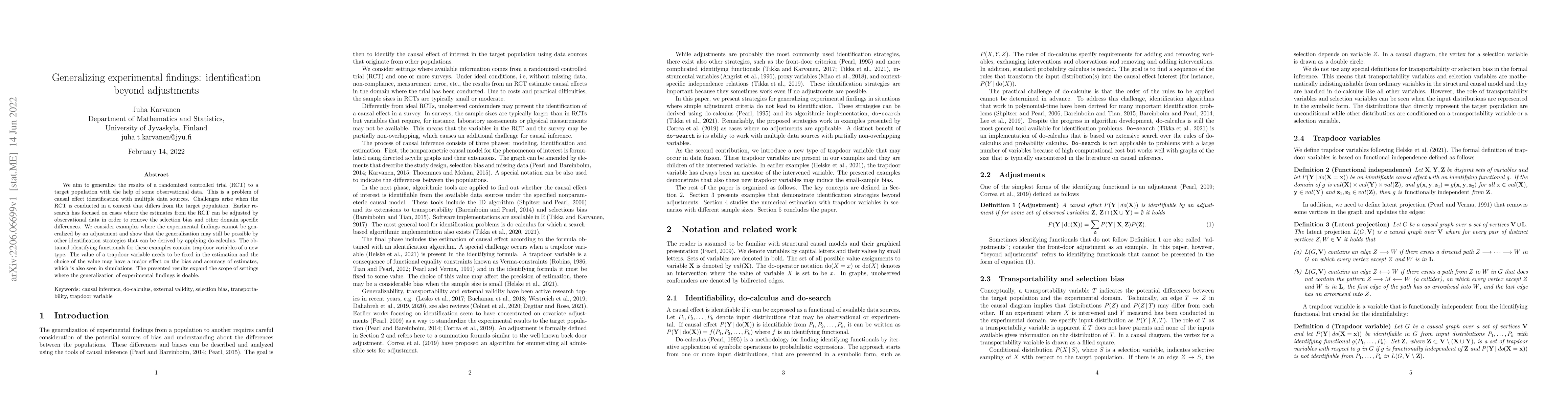 Thumbnail for Generalizing experimental findings: identification beyond adjustments