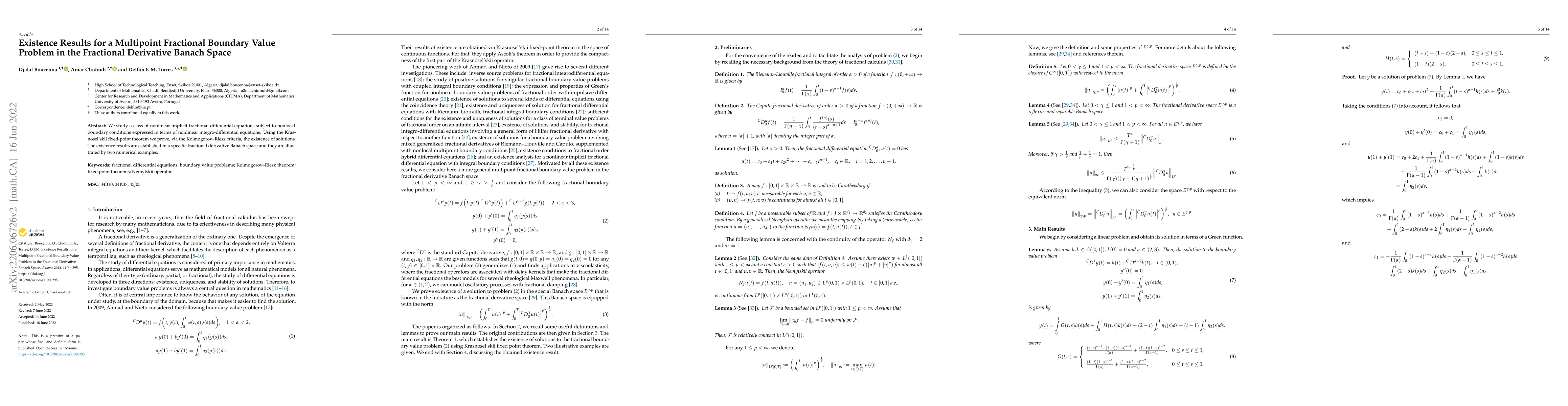Thumbnail for Existence Results for a Multipoint Fractional Boundary Value Problem in
  the Fractional Derivative Banach Space