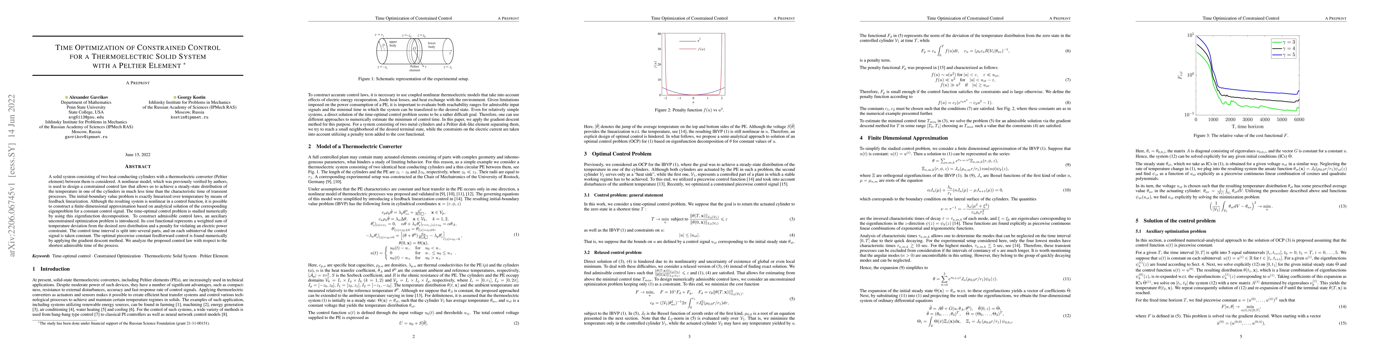 Thumbnail for Time Optimization of Constrained Control for a Thermoelectric Solid
  System with a Peltier Element