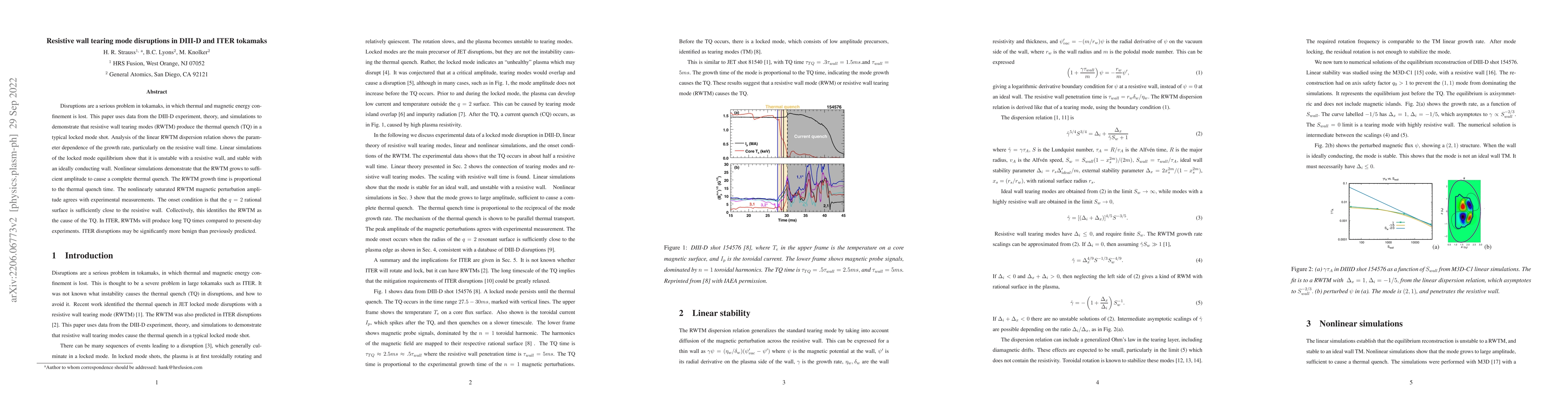 Thumbnail for Locked mode disruptions in DIII-D and application to ITER