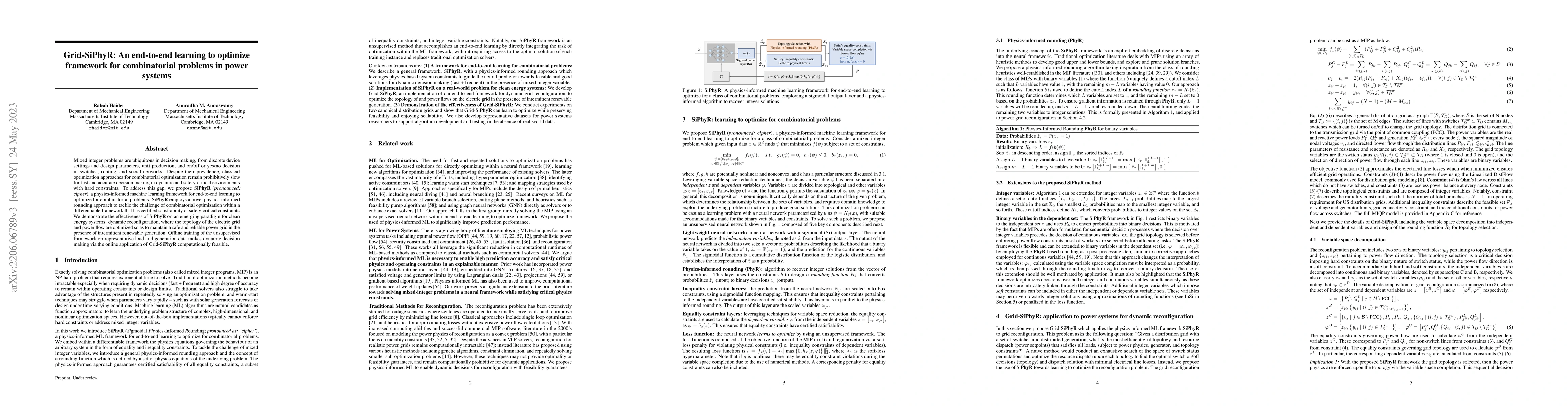 Thumbnail for Grid-SiPhyR: An end-to-end learning to optimize framework for
  combinatorial problems in power systems