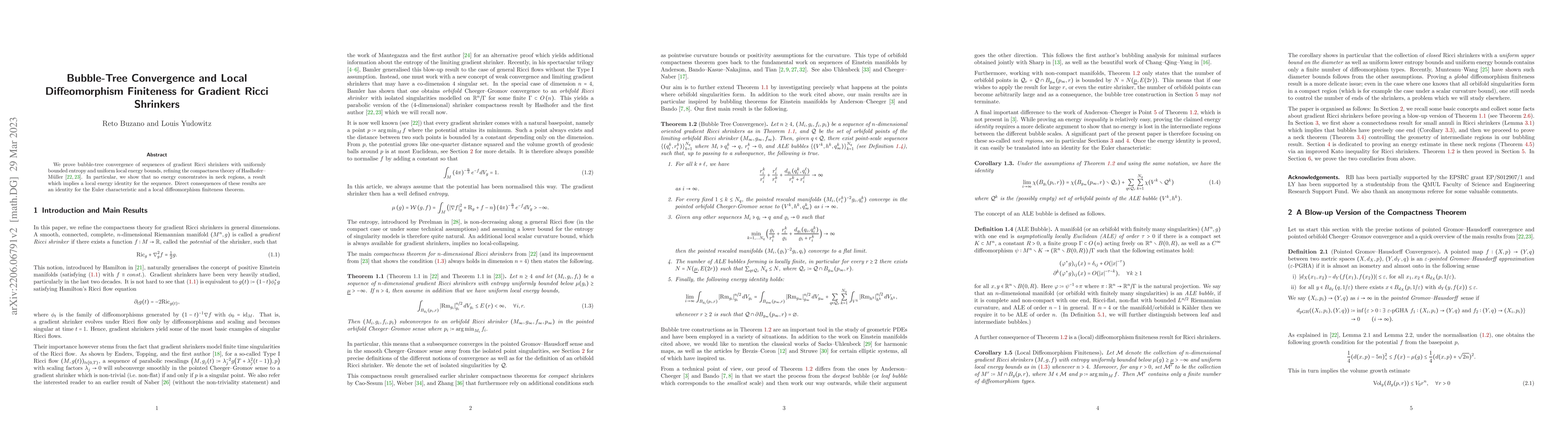 Thumbnail for Bubble-Tree Convergence and Local Diffeomorphism Finiteness for Gradient
  Ricci Shrinkers