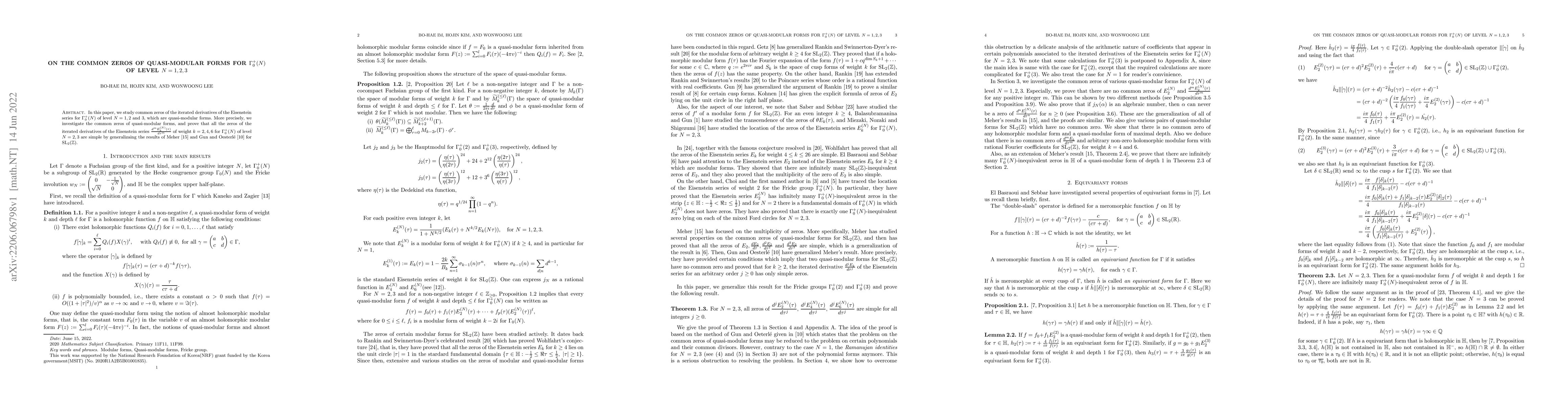 Thumbnail for On the common zeros of quasi-modular forms for $\Gamma_0^+(N)$ of level
  $N=1,2,3$