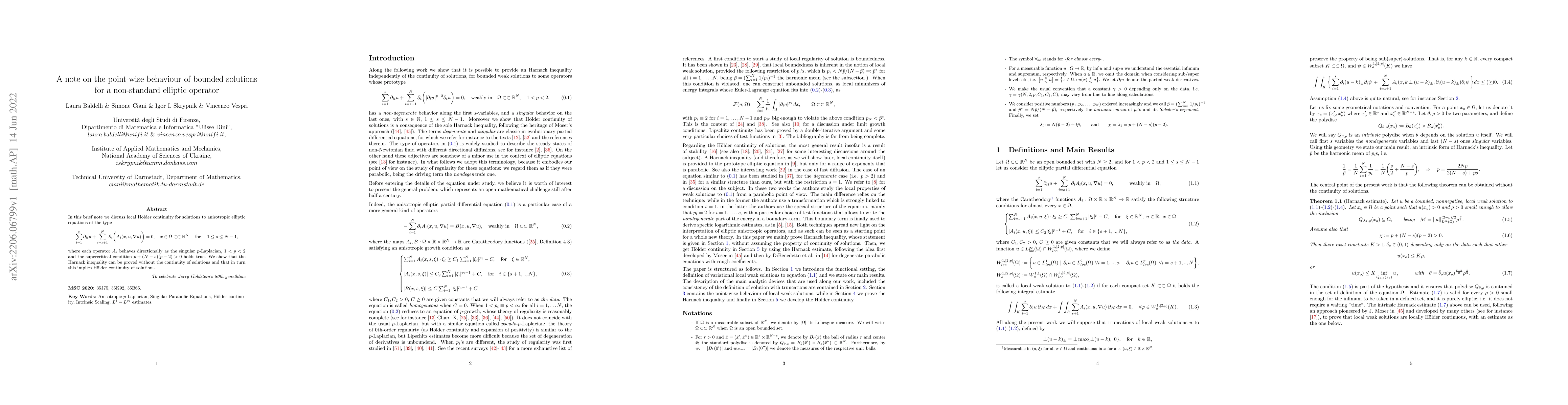 Thumbnail for A note on the point-wise behaviour of bounded solutions for a
  non-standard elliptic operator