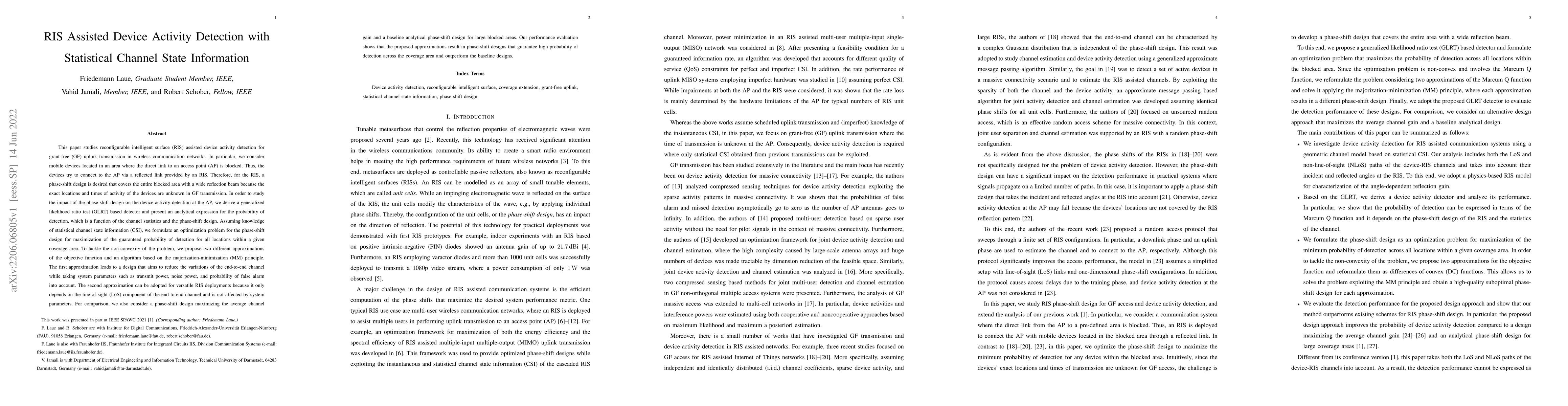 Thumbnail for RIS Assisted Device Activity Detection with Statistical Channel State
  Information