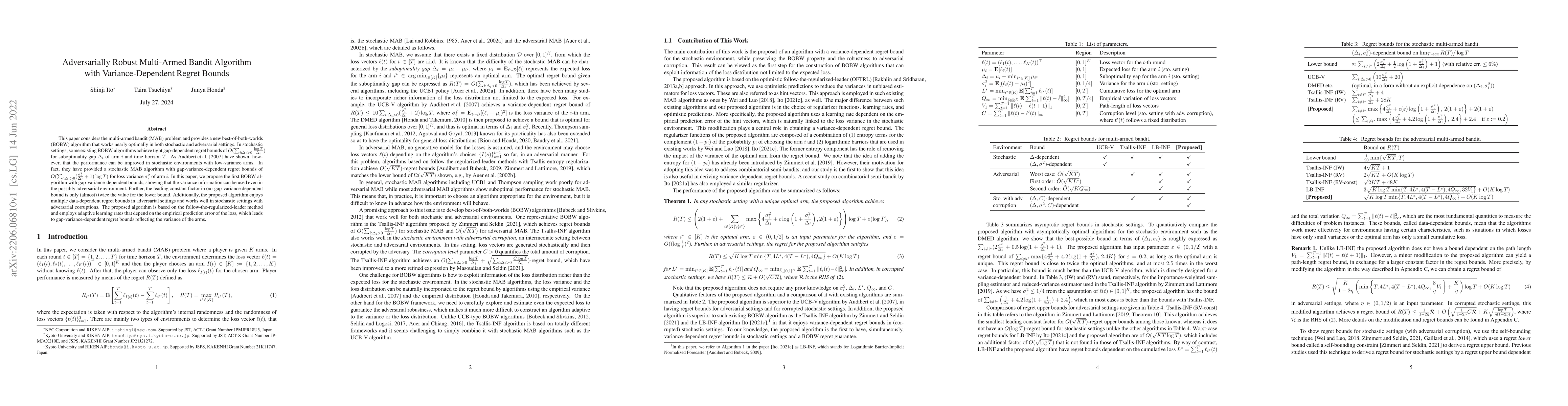 Thumbnail for Adversarially Robust Multi-Armed Bandit Algorithm with
  Variance-Dependent Regret Bounds