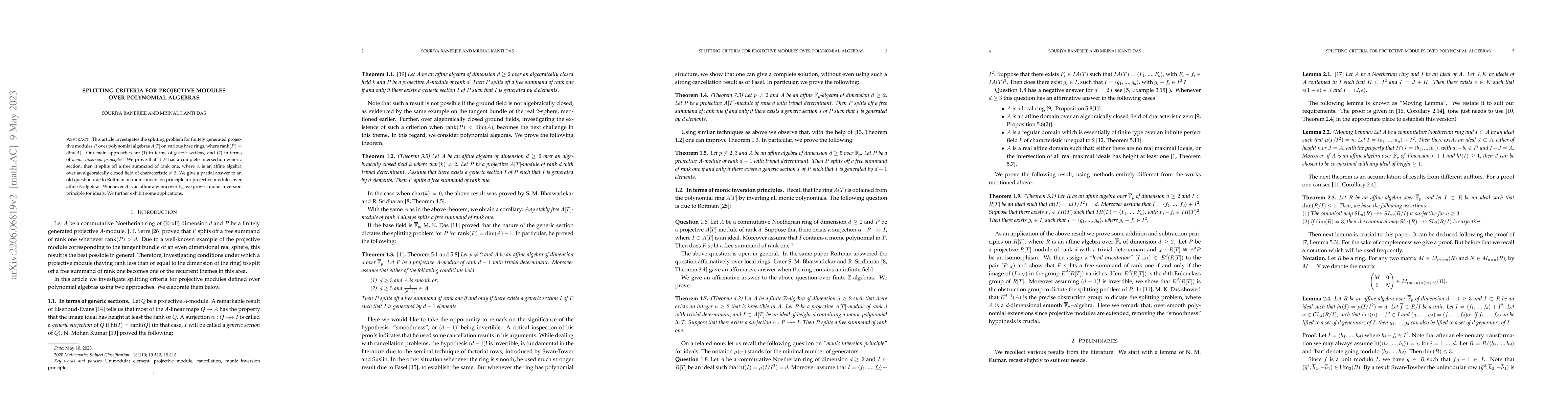 Thumbnail for Splitting criteria for projective modules over polynomial algebras