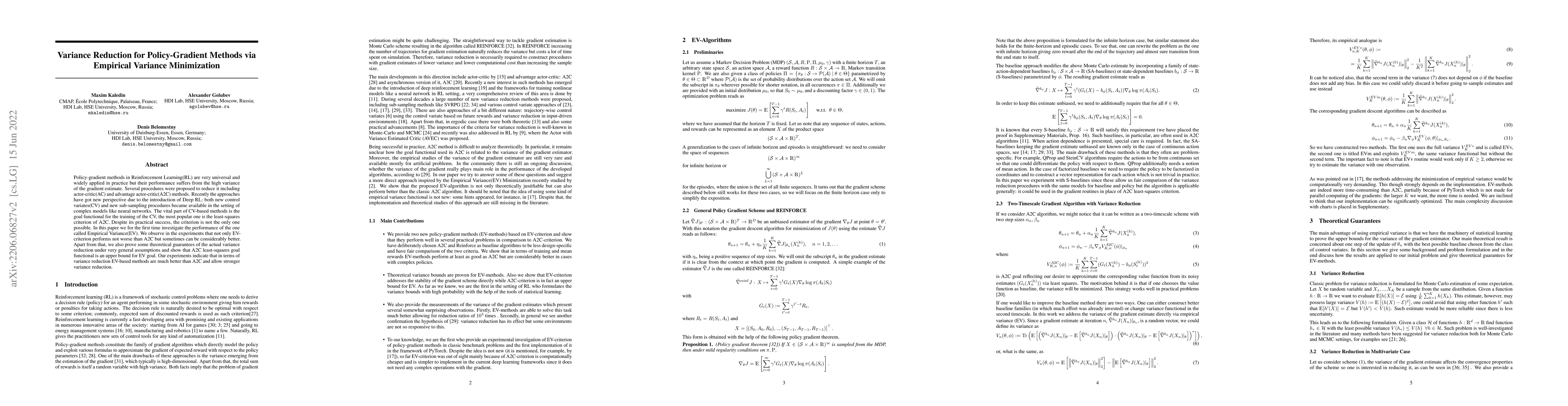Thumbnail for Variance Reduction for Policy-Gradient Methods via Empirical Variance
  Minimization