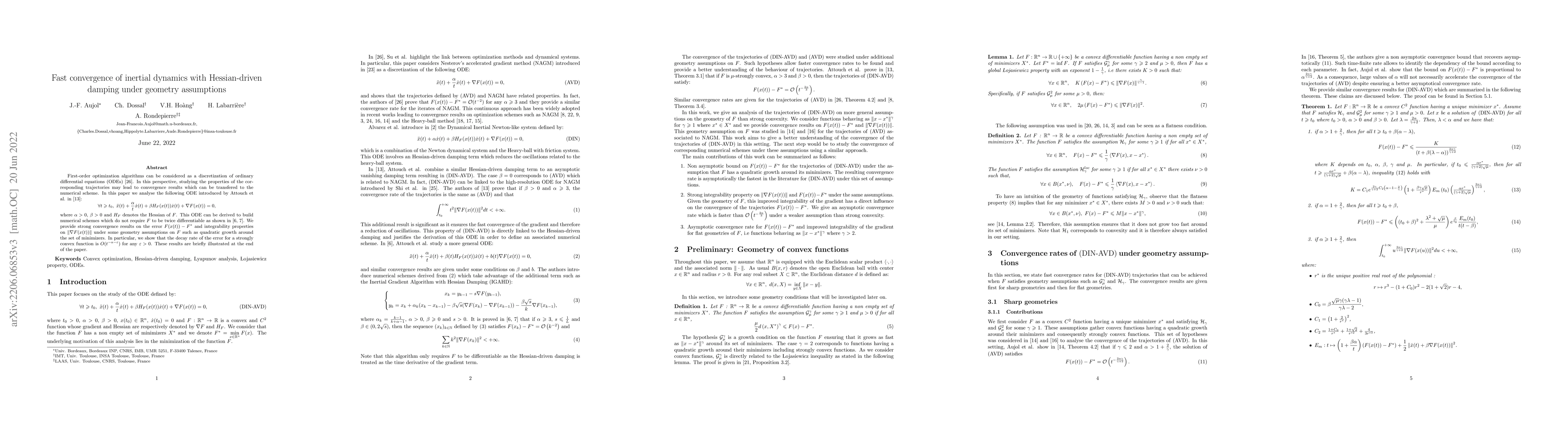 Thumbnail for Fast convergence of inertial dynamics with Hessian-driven damping under
  geometry assumptions