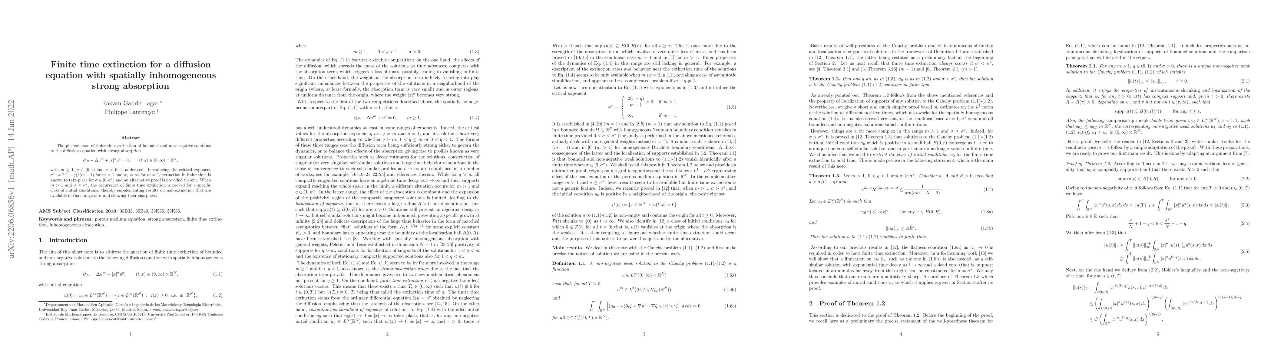 Thumbnail for Finite time extinction for a diffusion equation with spatially
  inhomogeneous strong absorption
