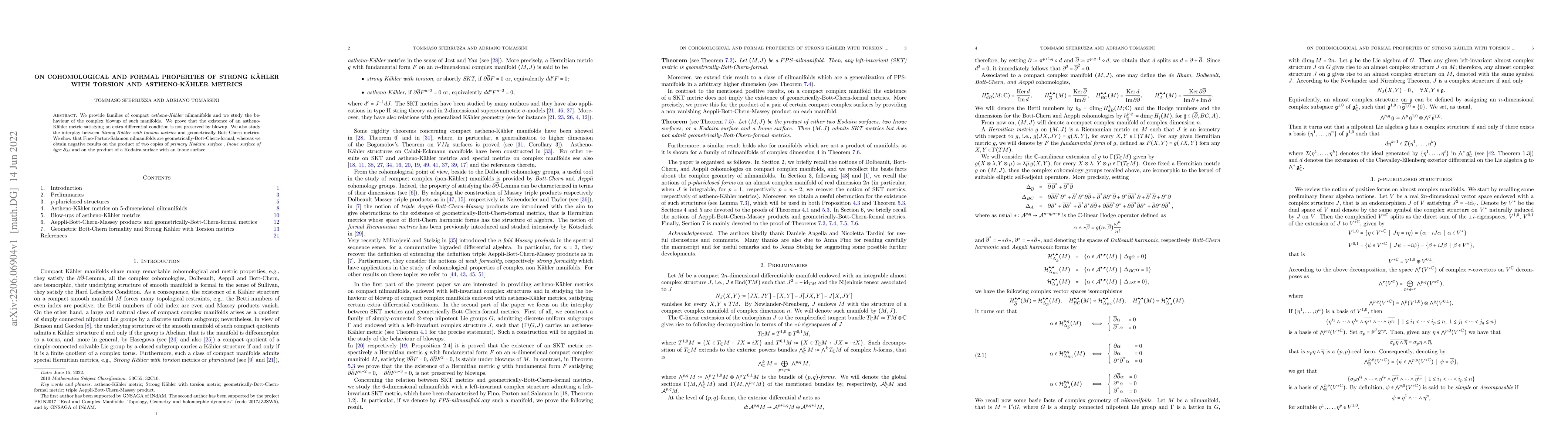 Thumbnail for On cohomological and formal properties of Strong K\"ahler with torsion
  and astheno-K\"ahler metrics