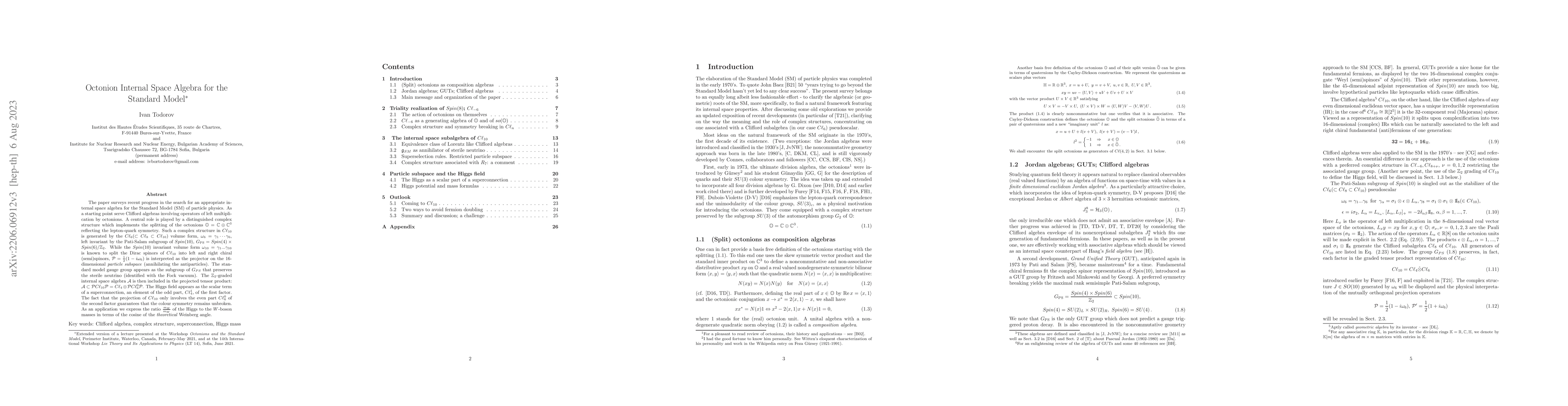 Thumbnail for Octonion Internal Space Algebra for the Standard Model