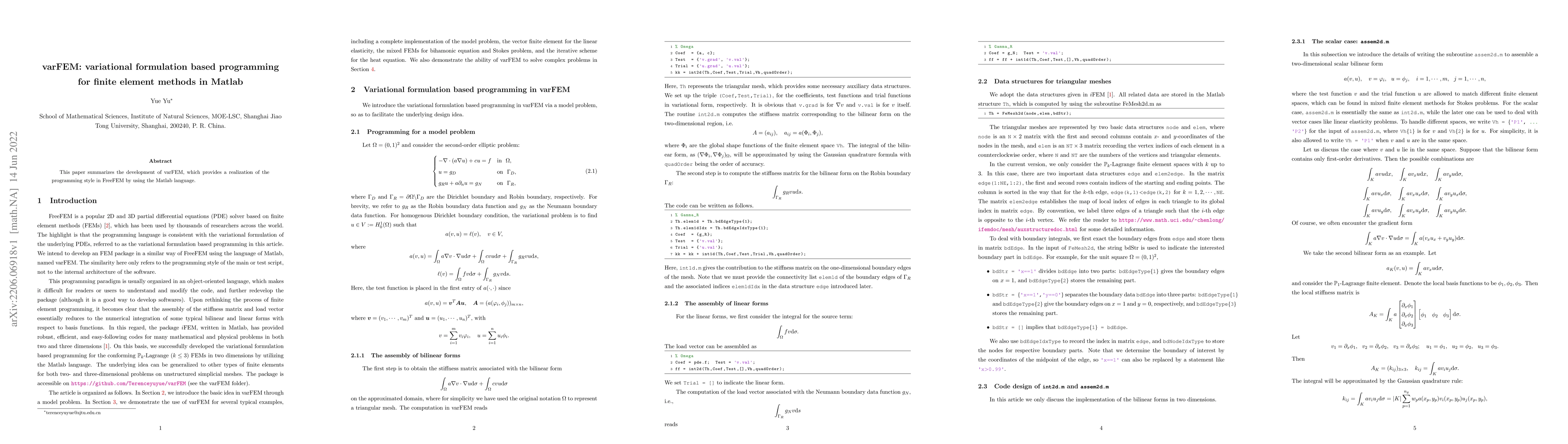 Thumbnail for varFEM: variational formulation based programming for finite element
  methods in Matlab