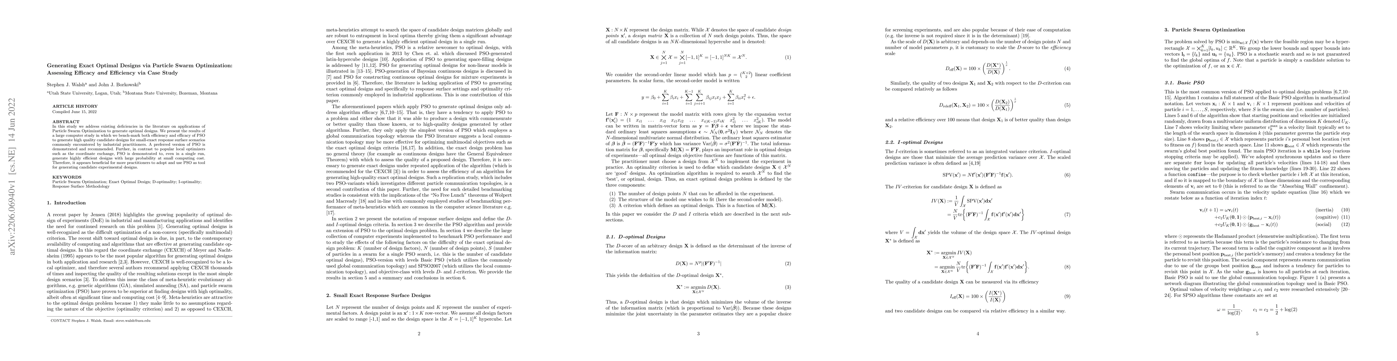 Thumbnail for Generating Exact Optimal Designs via Particle Swarm Optimization:
  Assessing Efficacy and Efficiency via Case Study