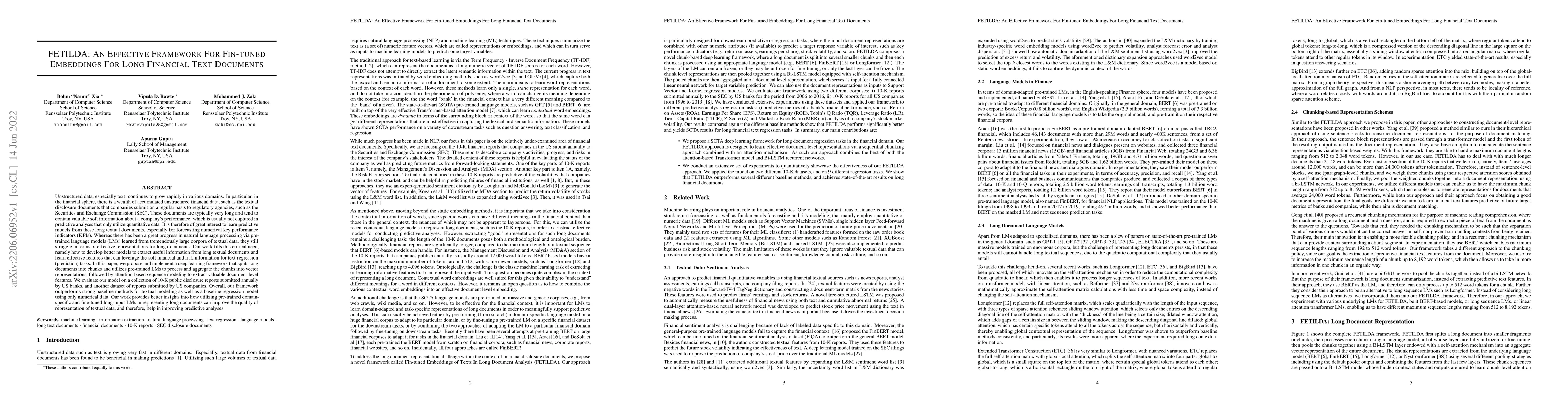 Thumbnail for FETILDA: An Effective Framework For Fin-tuned Embeddings For Long
  Financial Text Documents