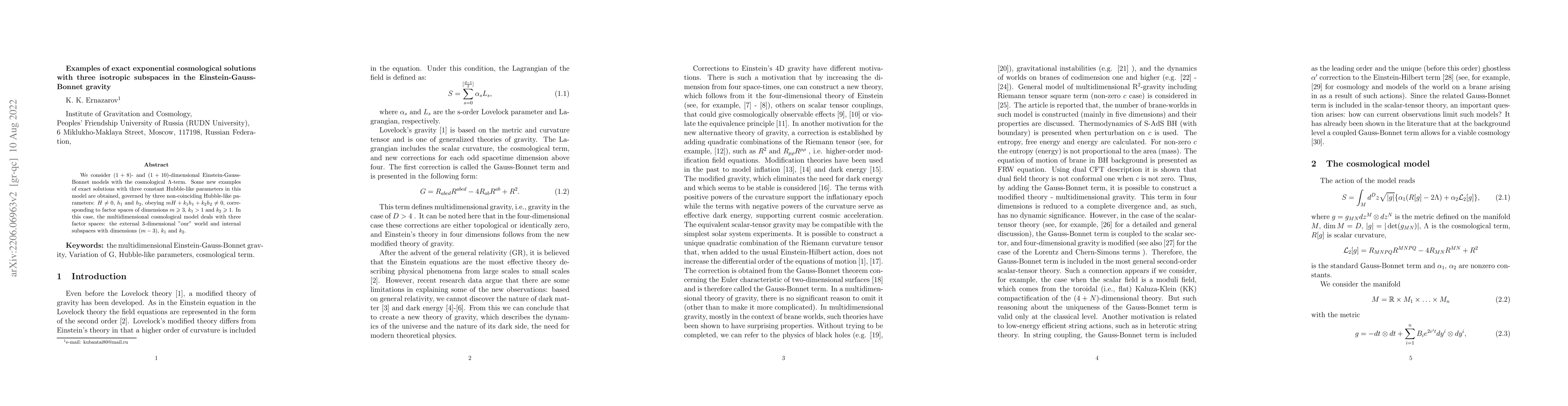 Thumbnail for Examples of exact exponential cosmological solutions with three
  isotropic subspaces in the Einstein-Gauss-Bonnet gravity