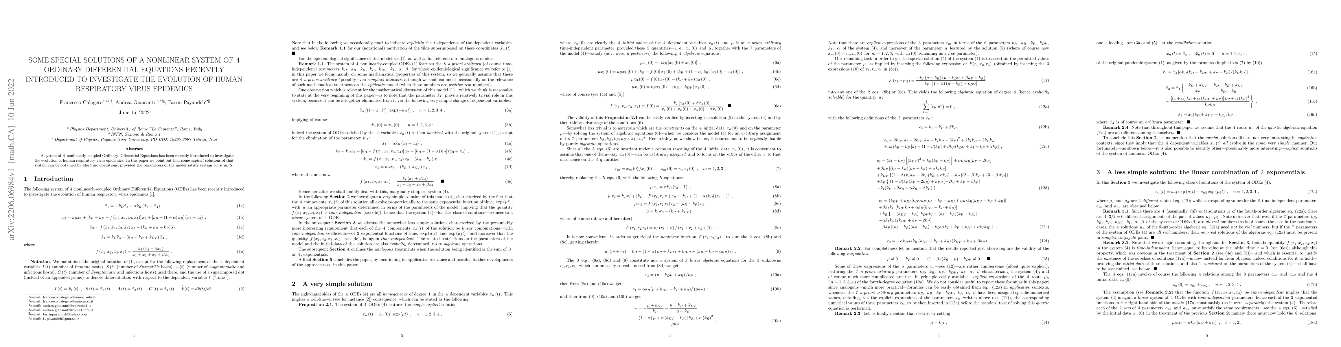 Thumbnail for SOME Special Solutions of a Nonlinear System of 4 Ordinary Differential
  Equations Recently Introduced to Investigate the Evolution of Human
  Respiratory Virus Epidemics
