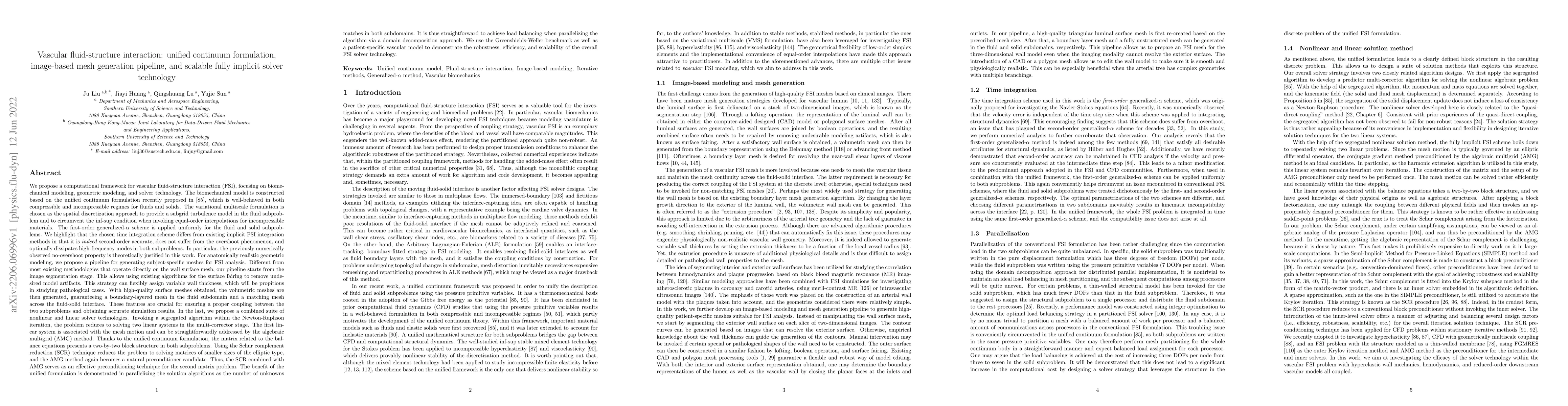 Thumbnail for Vascular fluid-structure interaction: unified continuum formulation,
  image-based mesh generation pipeline, and scalable fully implicit solver
  technology