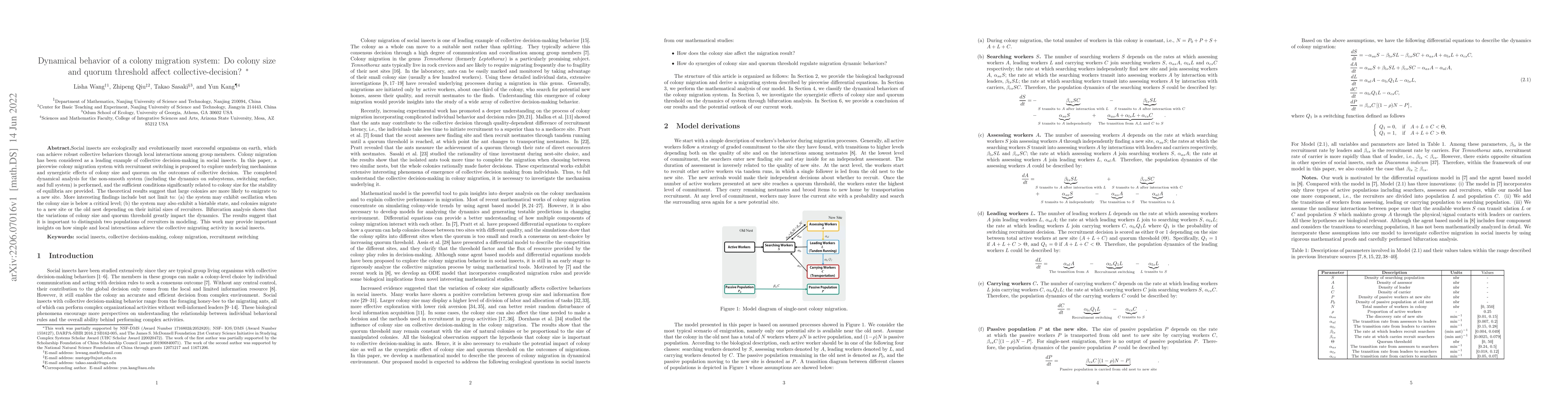 Thumbnail for Dynamical behavior of a colony migration system: Do colony size and
  quorum threshold affect collective-decision?