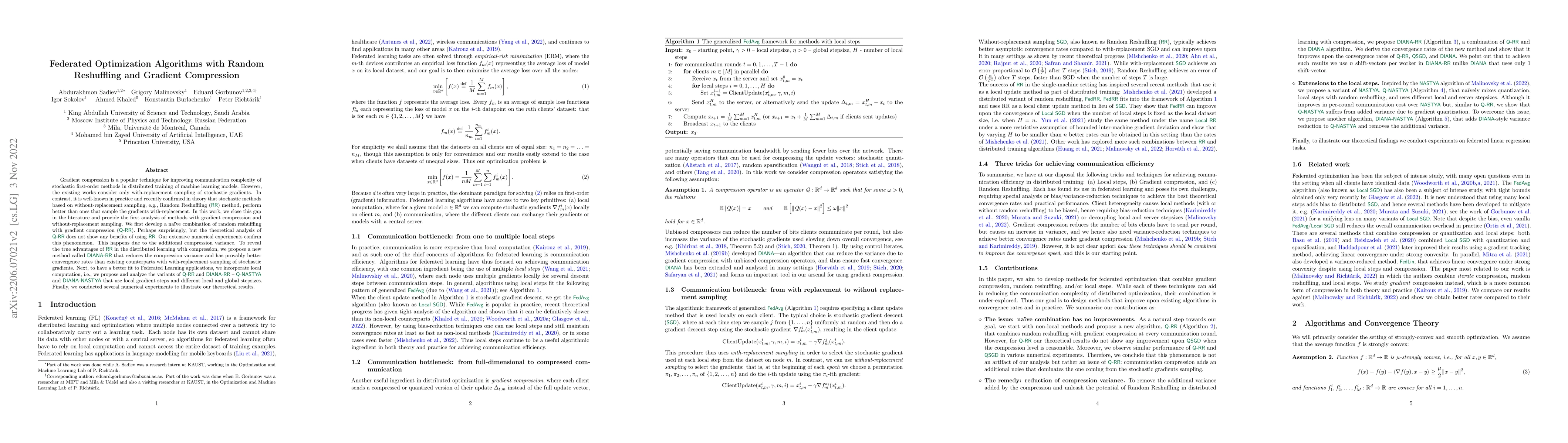 Thumbnail for Federated Optimization Algorithms with Random Reshuffling and Gradient
  Compression