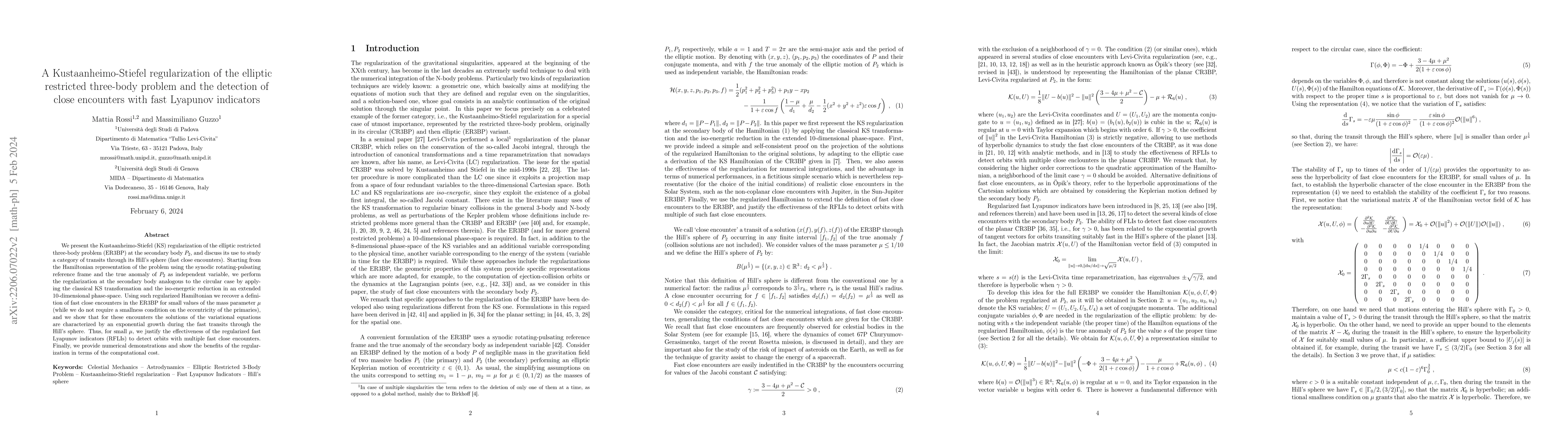 Thumbnail for A Kustaanheimo-Stiefel regularization of the elliptic restricted
  three-body problem and the detection of close encounters with fast Lyapunov
  indicators