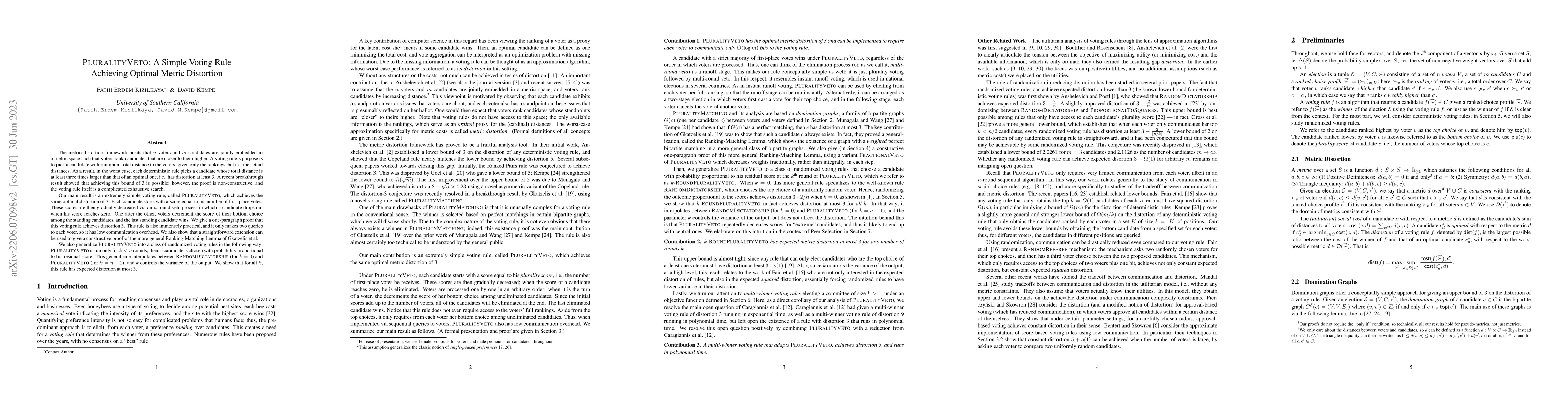 Thumbnail for Plurality Veto: A Simple Voting Rule Achieving Optimal Metric Distortion