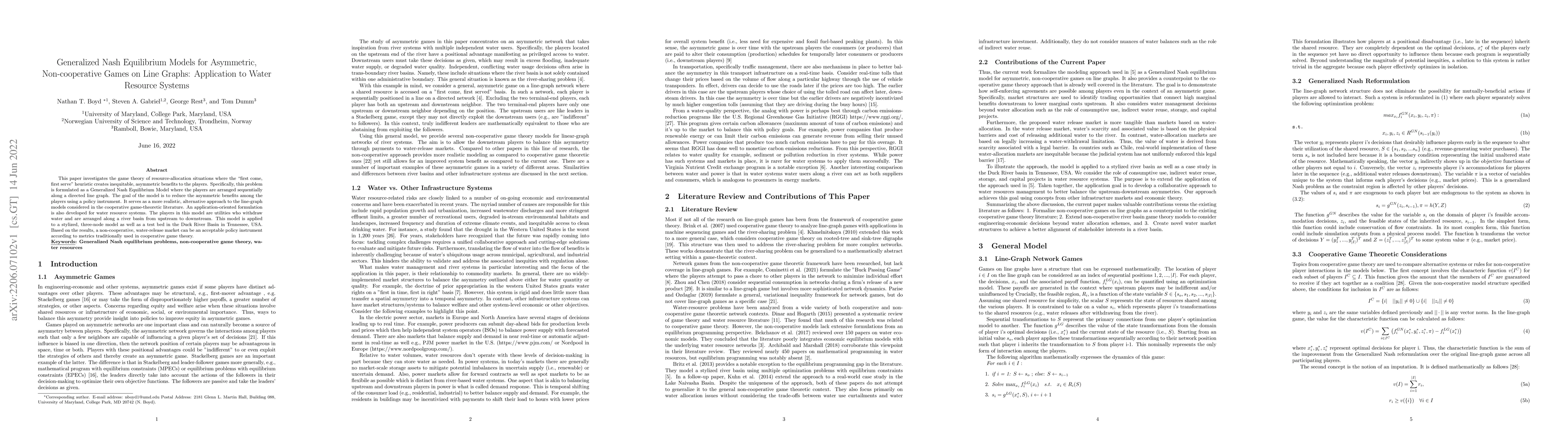 Thumbnail for Generalized Nash Equilibrium Models for Asymmetric, Non-cooperative
  Games on Line Graphs: Application to Water Resource Systems