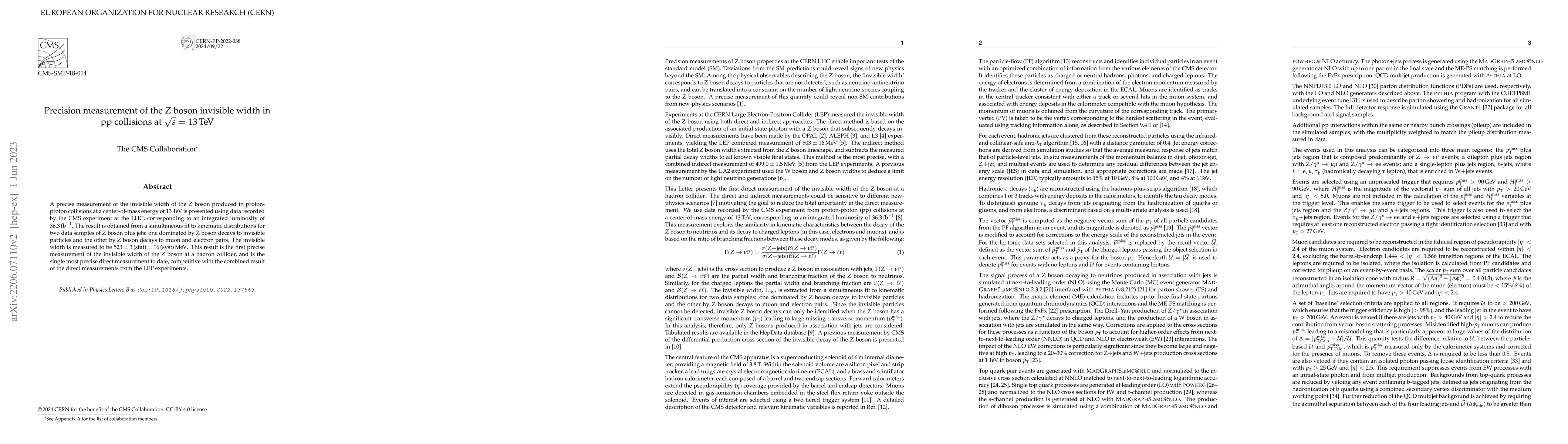 Thumbnail for Precision measurement of the Z boson invisible width in pp collisions at
  $\sqrt{s}$ = 13 TeV