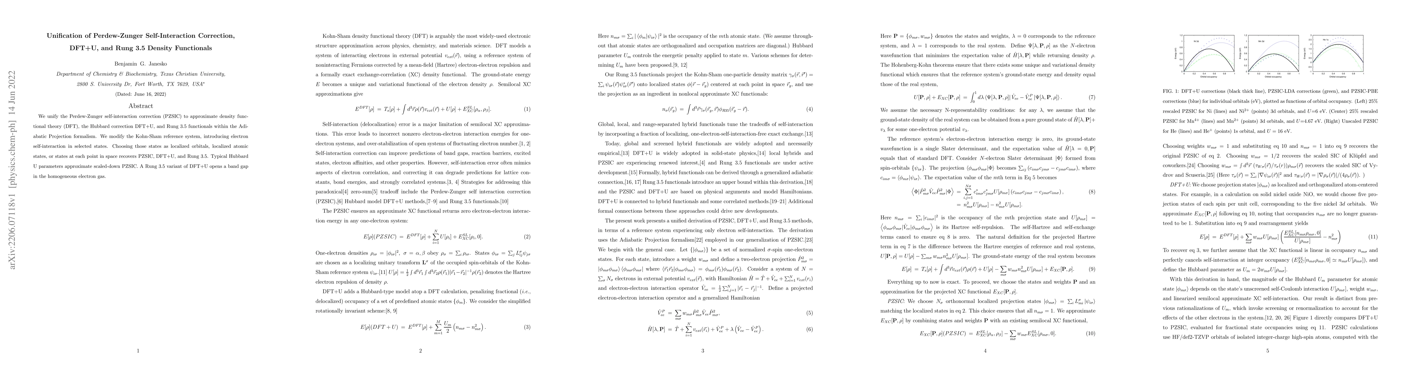 Thumbnail for Unification of Perdew-Zunger Self-Interaction Correction, DFT+U, and
  Rung 3.5 Density Functionals