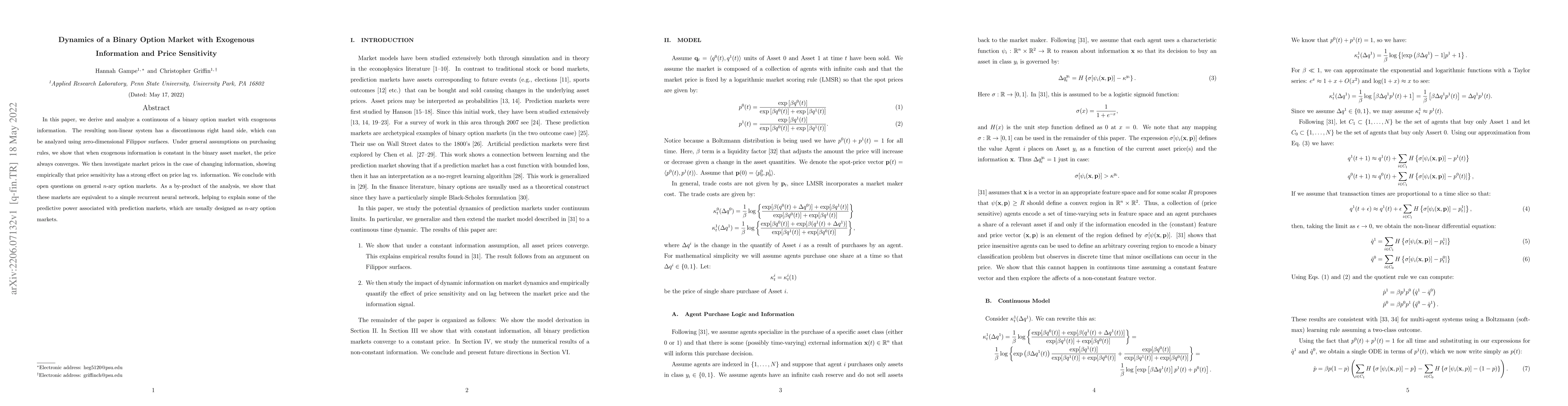 Thumbnail for Dynamics of a Binary Option Market with Exogenous Information and Price
  Sensitivity