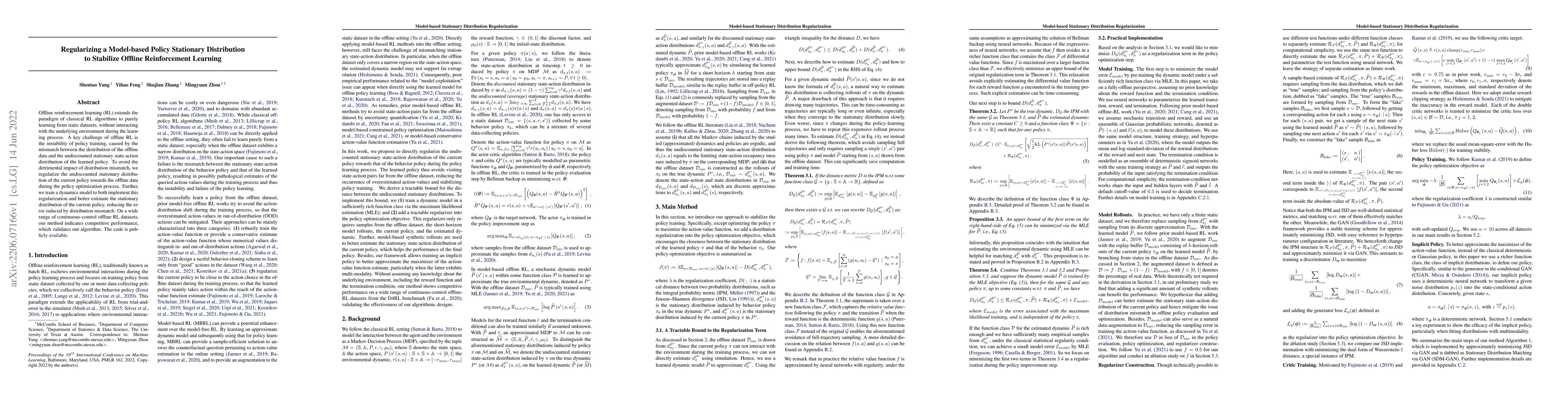 Thumbnail for Regularizing a Model-based Policy Stationary Distribution to Stabilize
  Offline Reinforcement Learning