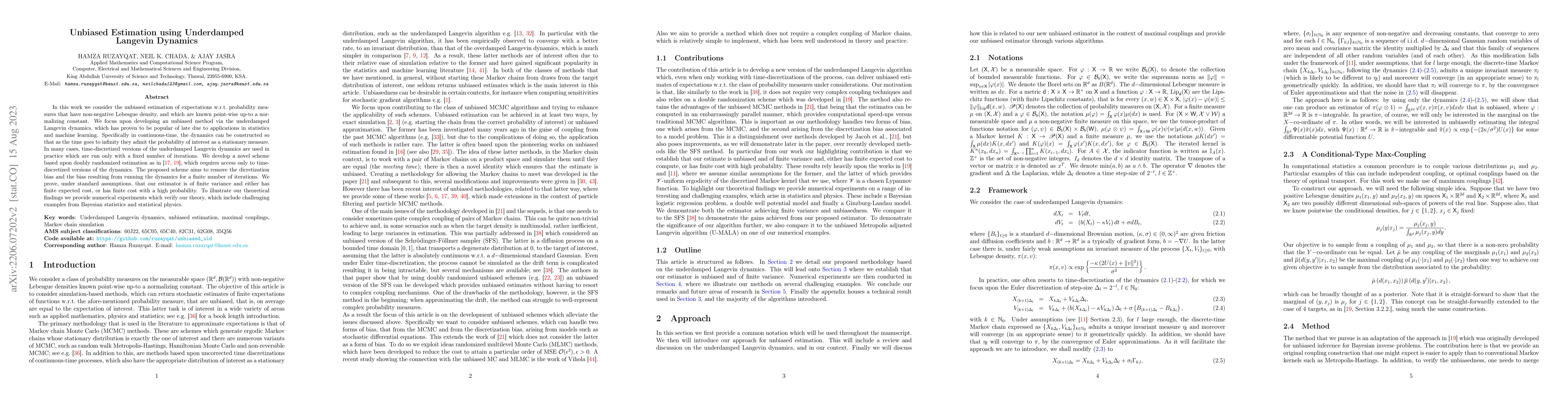 Thumbnail for Unbiased Estimation using Underdamped Langevin Dynamics