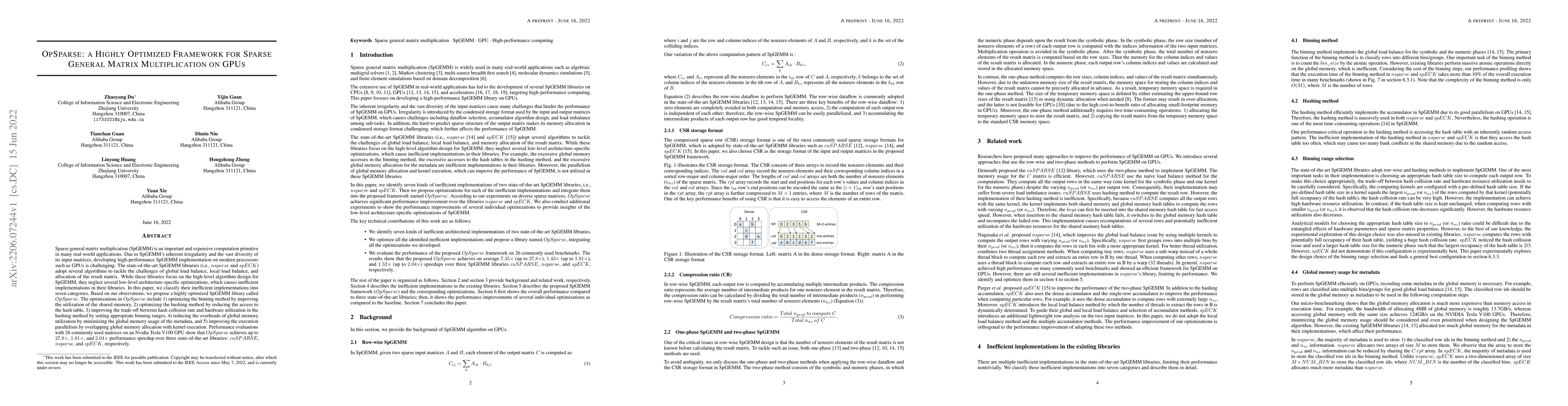 Thumbnail for OpSparse: a Highly Optimized Framework for Sparse General Matrix
  Multiplication on GPUs