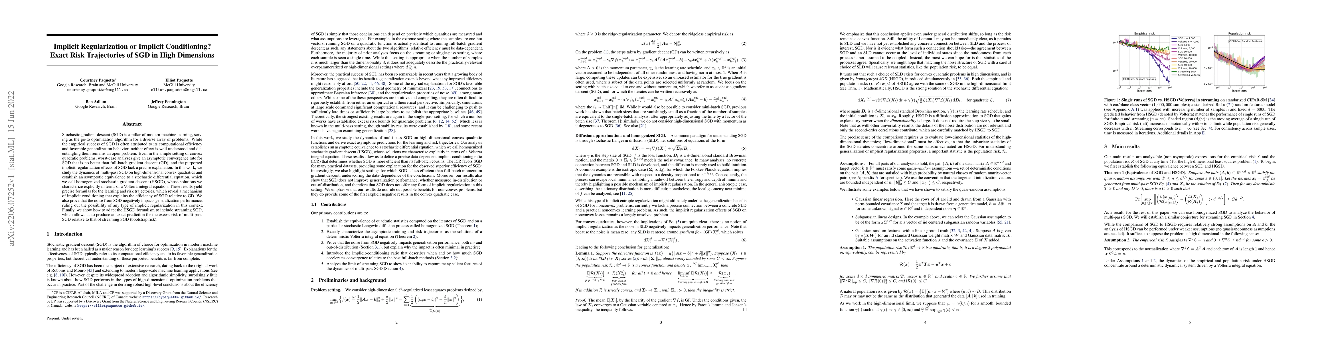 Thumbnail for Implicit Regularization or Implicit Conditioning? Exact Risk
  Trajectories of SGD in High Dimensions
