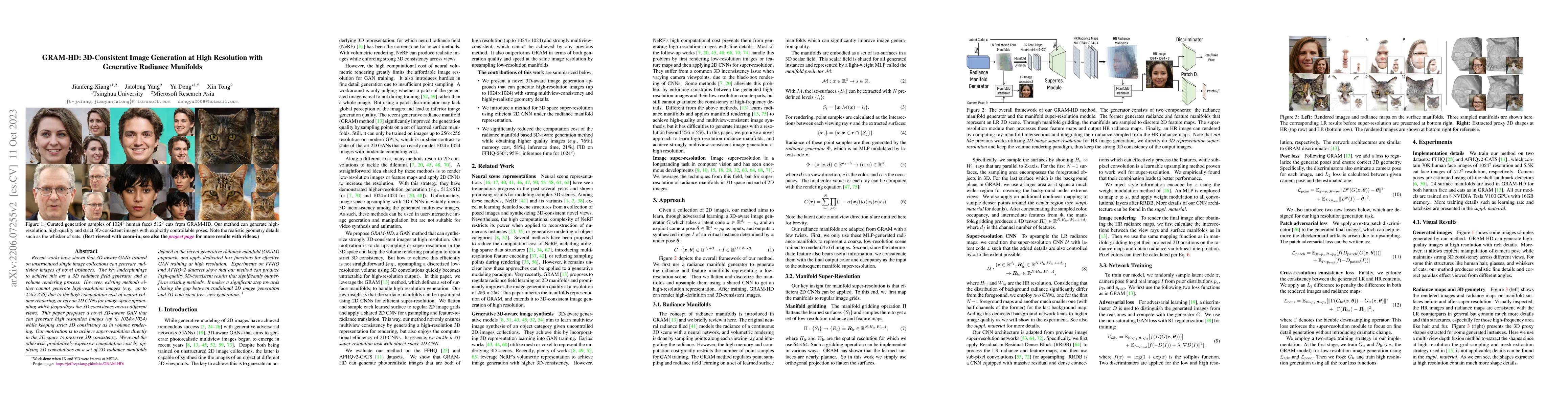 Thumbnail for GRAM-HD: 3D-Consistent Image Generation at High Resolution with
  Generative Radiance Manifolds